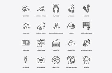 summer icon set with solstice, swimming person, flippers, postcard signs in flat outline style © Abstract