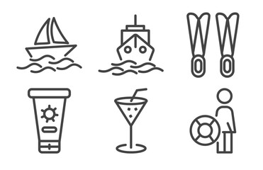 summer icon set with yatch boat, cruise, sunscreen, lifeguard signs in flat outline style © Abstract