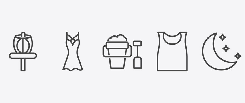 summer icon set with dress, sand bucket and shovel, sleeveless, moon signs in flat outline style