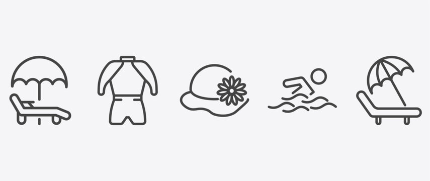 summer icon set with wetsuit, pamela, swimming person, beach chair signs in flat outline style