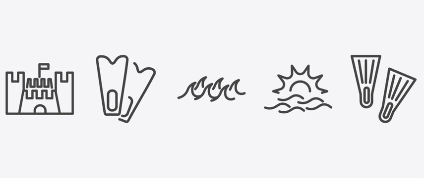 summer icon set with diving fins, ocean, sun at sea, fins signs in flat outline style
