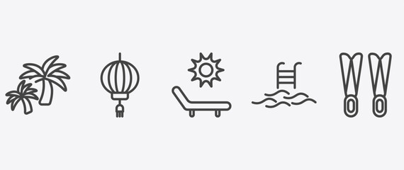 summer icon set with lantern, deck chairs and sun, swimming pool ladder, flippers signs in flat outline style © Abstract