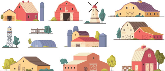 Collection of cartoon barns and farm buildings with country house agricultural building countryside agriculture illustration windmill landscape property architecture dwelling © Hasnain