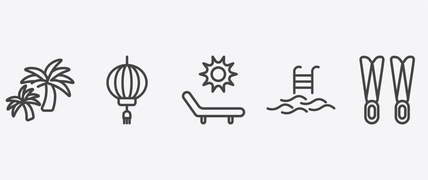 summer icon set with lantern, deck chairs and sun, swimming pool ladder, flippers signs in flat outline style