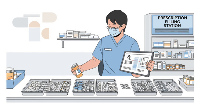 Pharmacist filling prescription at workstation, tablet with Rx, medication sorting