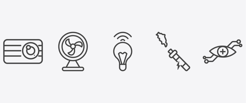 technology icon set with , wireless lighting, electronic cigarette, signs in flat outline
