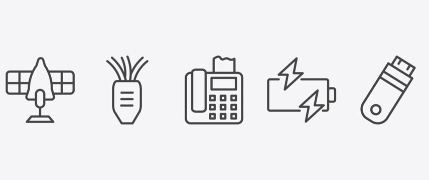 technology icon set with tinsel, telephone with fax, , signs in flat outline