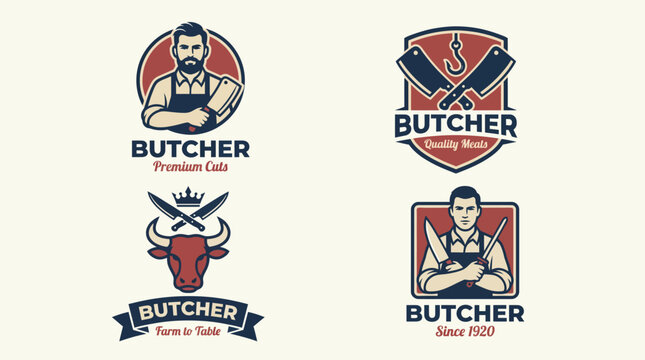 Four logo designs for a butcher shop, showcasing premium cuts, quality meats, and a strong farm-to-table concept, appealing to meat lovers and culinary artisans alike.