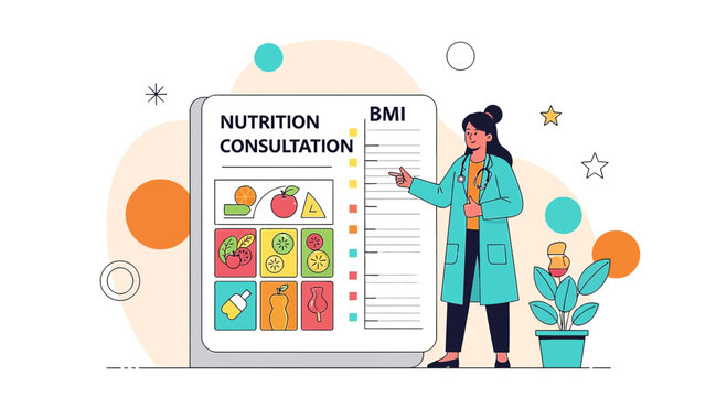 Nutritionist consults patient on healthy eating and BMI chart, medical consultation concept