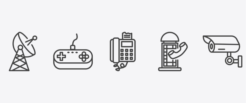 technology icon set with antique gamepad, , signs in flat outline