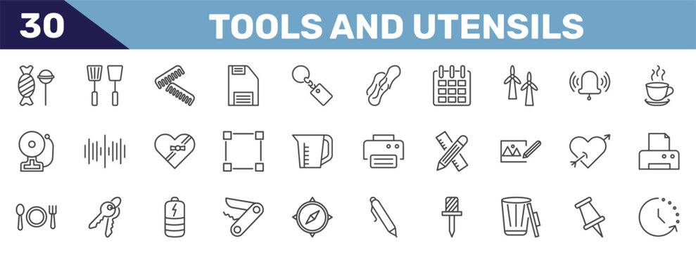 tools and utensils icon set with candies, kitchen tools, combs, time left signs in flat outline style