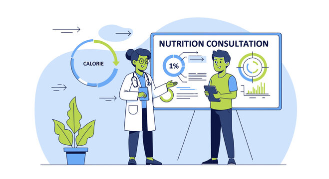 Nutritionist Consults Patient on Healthy Eating and Calorie Intake with Charts