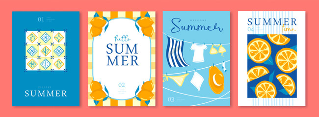 Naklejka premium Set of summer Italian posters or covers with tiles, drying clothes, lemon pattern and frame. Vector illustration