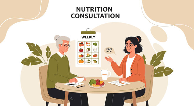 Nutritionist Consults Senior Woman on Healthy Eating Plan with Weekly Menu