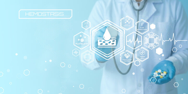Medical professional illustrating hemostasis process with digital interface showing blood components and related health factors