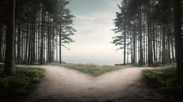 Conceptual background: Dirt road splitting in two in a forest leading to the sea