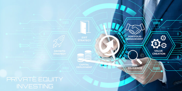 Professional illustrating private equity investing concepts with futuristic digital interface and business strategy icons