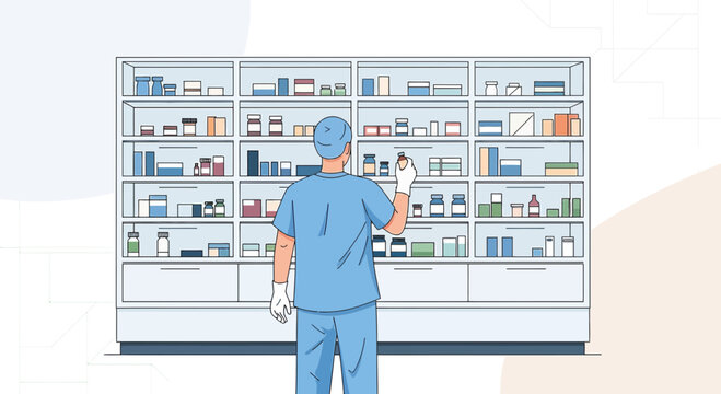 Pharmacist Arranging Medications on Shelves in Pharmacy