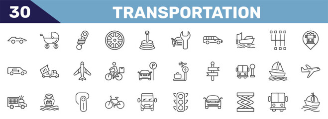 Fototapeta premium transportation icon set with formula 1, baby trolley, shock breaker, sailing signs in flat outline style