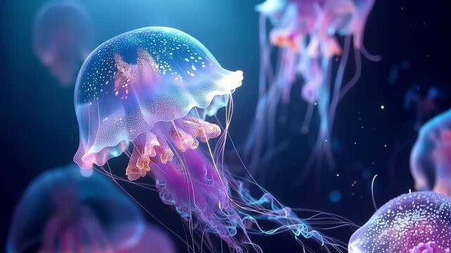 Glowing jellyfish drift in deep blue water with soft neon lighting, creating a calm futuristic atmosphere. Video for technology, AI, science, wellness