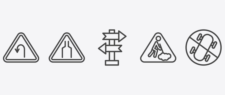 traffic signs icon set with narrow road, crossroad, road work, no skating signs in flat outline style