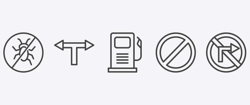 traffic signs icon set with t junction, gasoline, no waiting, no turn right signs in flat outline style