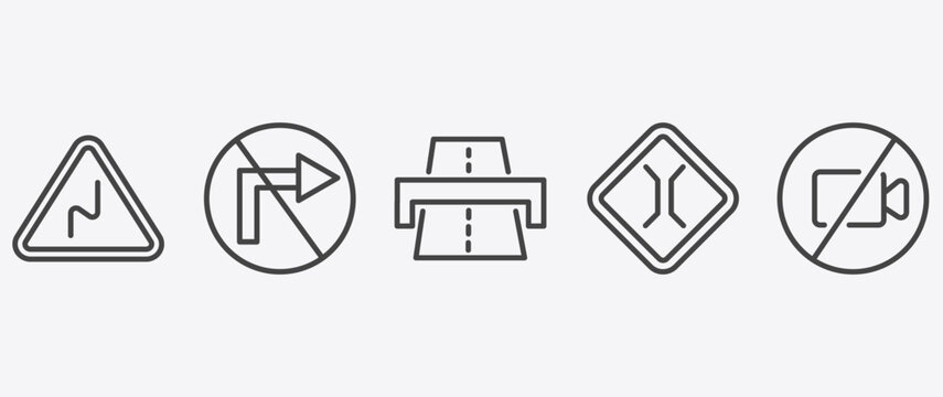traffic signs icon set with no turn, highway, narrow bridge, no video signs in flat outline style