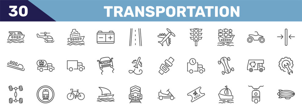 transportation icon set with luxury yacht, small helicopter, ferry, blimp signs in flat outline style