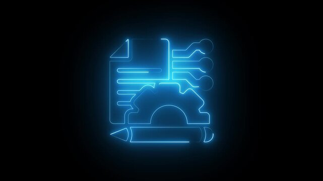 Neon digital document and gear animation: concept for software development, technical writing, and workflow automation