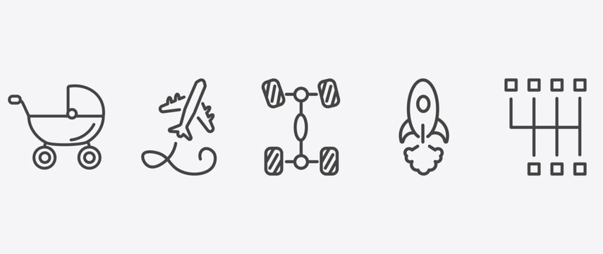 transportation icon set with flying airplane, chassis, space rocket launch, shift signs in flat outline style