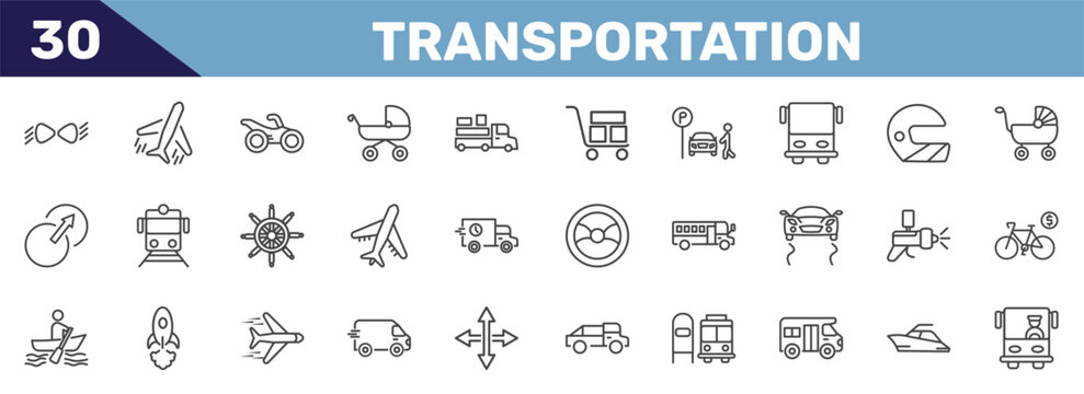 transportation icon set with car lights, flights, motorbike, bus front with driver signs in flat outline style