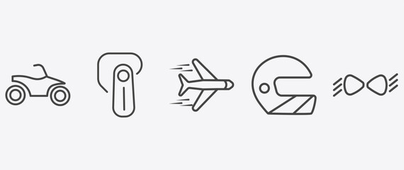 transportation icon set with hands free device, airplane flying, motorsport, car lights signs in flat outline style © Abstract