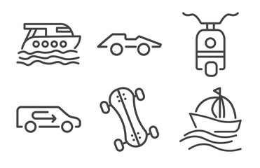 Fototapeta premium transportation icon set with luxury yacht, formula 1, recirculation, sailing signs in flat outline style