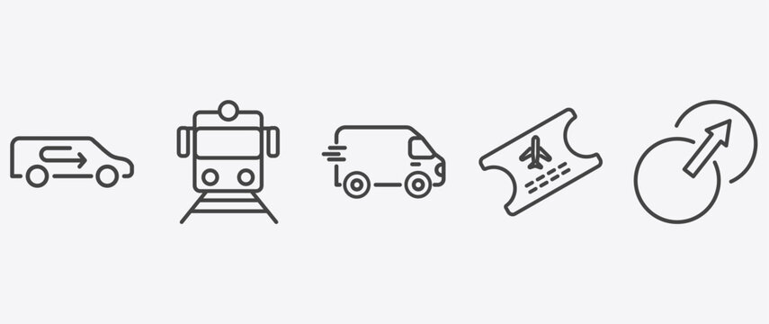 transportation icon set with train front view, free transport, plane tickets, transition signs in flat outline style