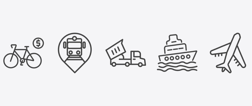 transportation icon set with tram stop, heavy vehicle, ferry, air transport signs in flat outline style