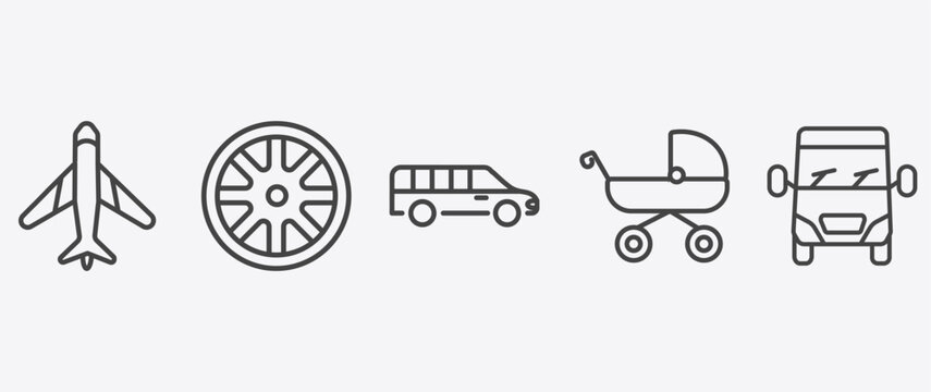 transportation icon set with alloy wheel, long car, pram, van front view signs in flat outline style