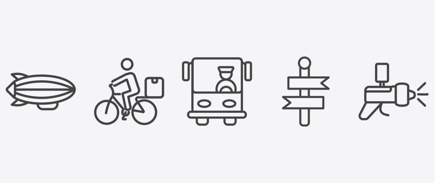 transportation icon set with delivery bike, bus front with driver, way, car painting signs in flat outline style