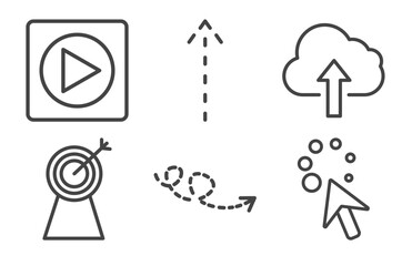 Fototapeta premium user interface icon set with movie play button, up broken line arrow, archery champion, wait cursor signs in flat outline style