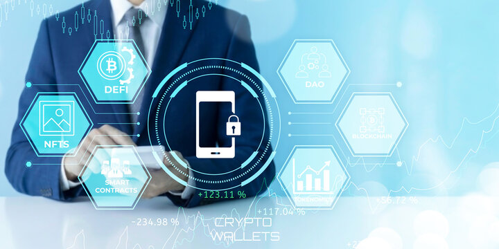 Professional using digital interface showcasing blockchain technology concepts with smartphone security and crypto wallet growth metrics