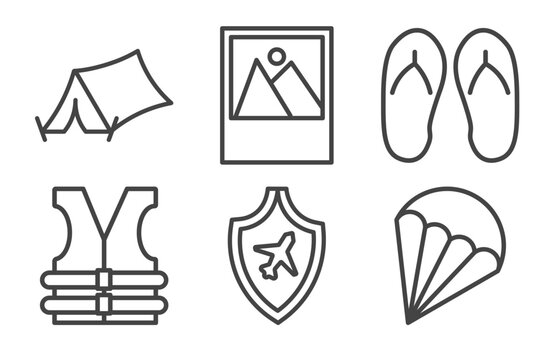 travel and trip icon set with camping tent, , lifejacket, parasailing signs in flat outline style