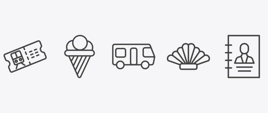 travel and trip icon set with icecream, motorhome, shell, booking signs in flat outline style