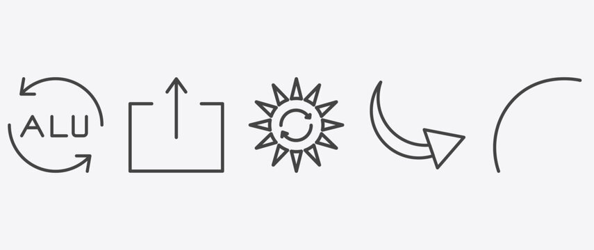 user interface icon set with export button, solar recycle, curve arrows, curve line signs in flat outline style