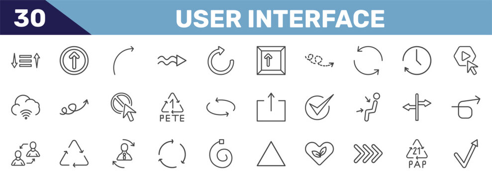user interface icon set with sorting, up arrow fold button, curve arrow, check mark arrow signs in flat outline style