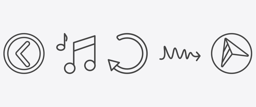 user interface icon set with musical, rotate arrow, scribble right arrow, navigation arrows signs in flat outline style
