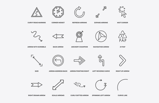 user interface icon set with curvy road warning, corner widget, refresh arrows, size signs in flat outline style