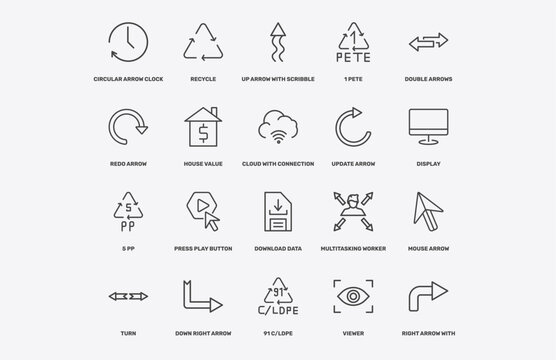 user interface icon set with circular arrow clock, recycle, up arrow with scribble, 5 pp signs in flat outline style