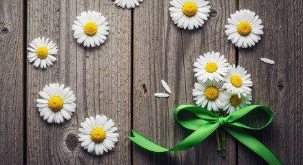 Fototapeta premium Father's day floral arrangement daisies and ribbon on rustic wood background