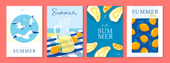 Naklejka premium Set of summer Italian posters or covers with lemonade, seagulls, lemons, oysters and beach landscape. Vector illustration