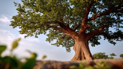 Fototapeta premium Majestic single tree with thick trunk and lush green leaves under a clear blue sky in a natural outdoor setting