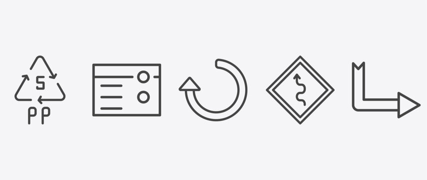 user interface icon set with make, refresh left arrow, curvy road ahead, down right arrow signs in flat outline style